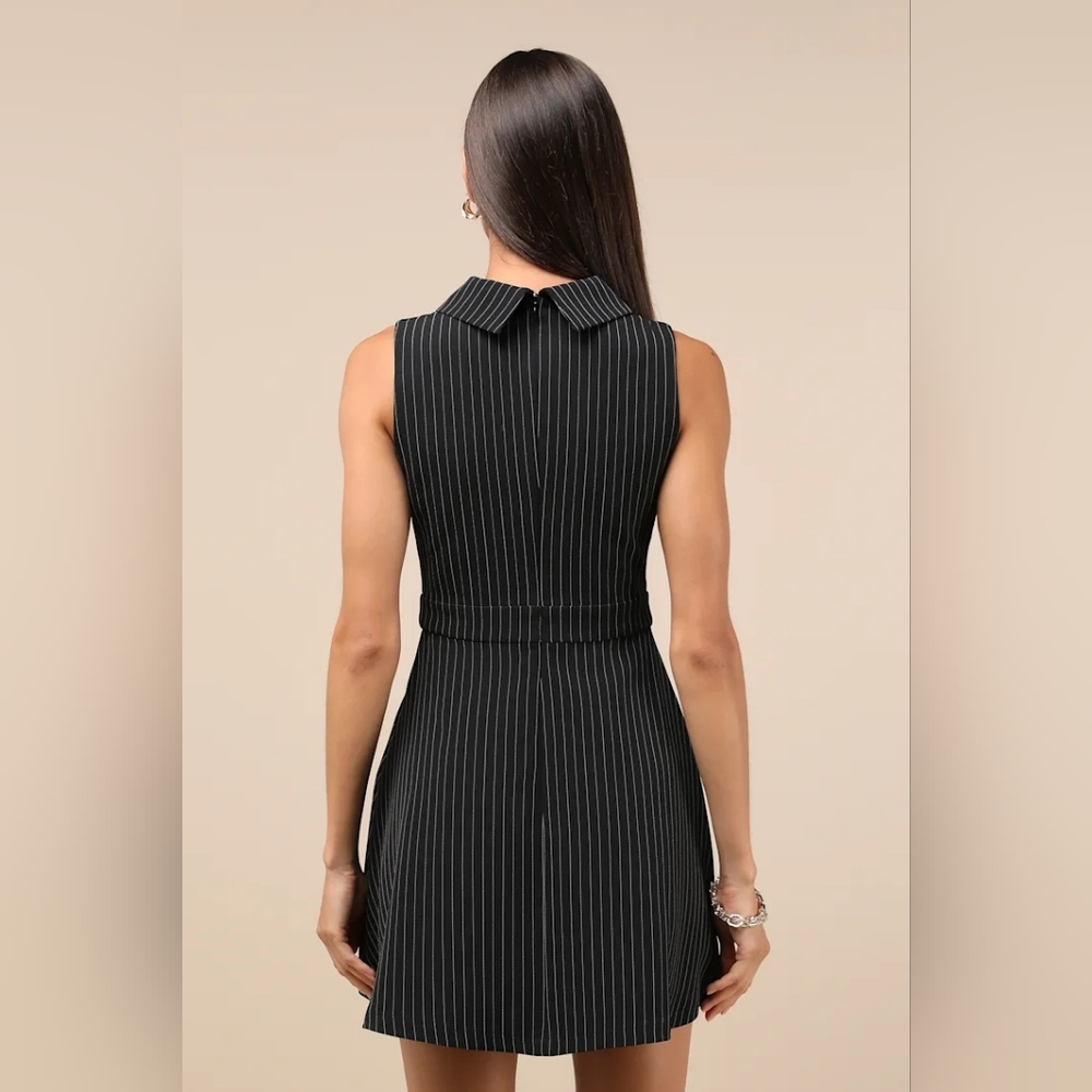Lulus Totally Poised Black Pinstriped Collared Mini Dress With Pockets - Picture 2 of 7